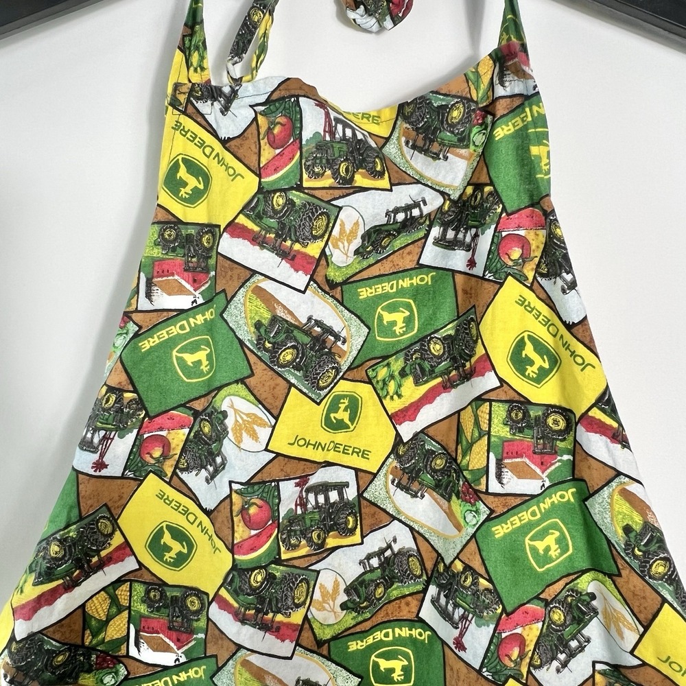 John Deere Green Yellow Tractor Print Full Apron Tie Neck Waist‎ Handmade OSFM